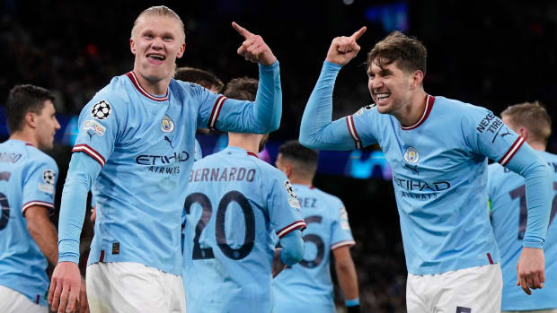 Erling Haaland celebrates a Champions League goal.